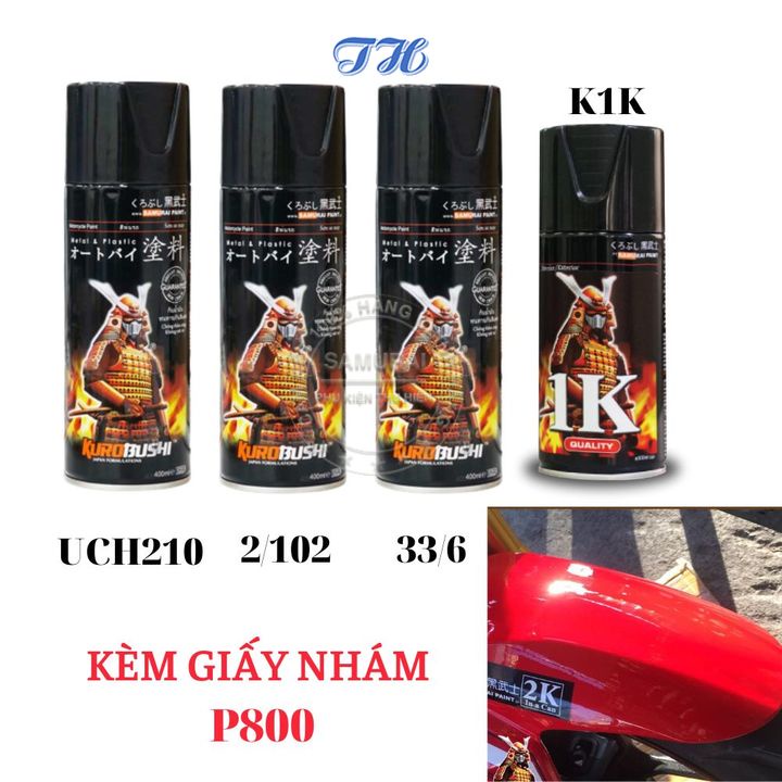 Combo 4 chai sơn samurai 33/6 Màu đỏ gồm: uch210 - 2/102 - 33/6 - k1k - giấy nhám p800