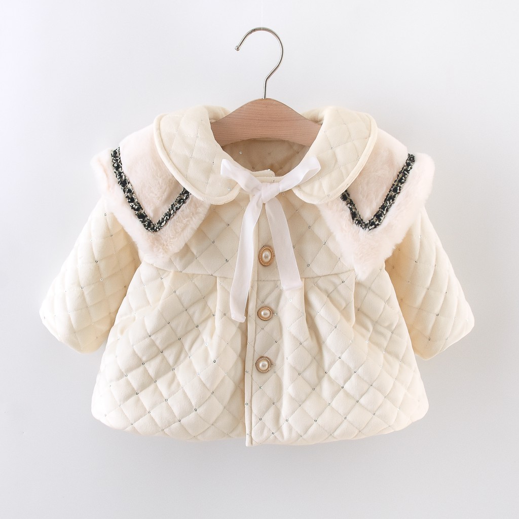 Áo Khoác Tay Dài Đệm cotton Dày Màu Trơn Đính Nơ Thời Trang Mùa Đông Cho Bé Gái Từ 9 Tháng Đến 3 Tuổi