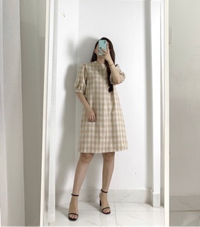 [Ảnh thật] Váy kẻ cổ cao tay bồng (be, nâu đỏ)_
