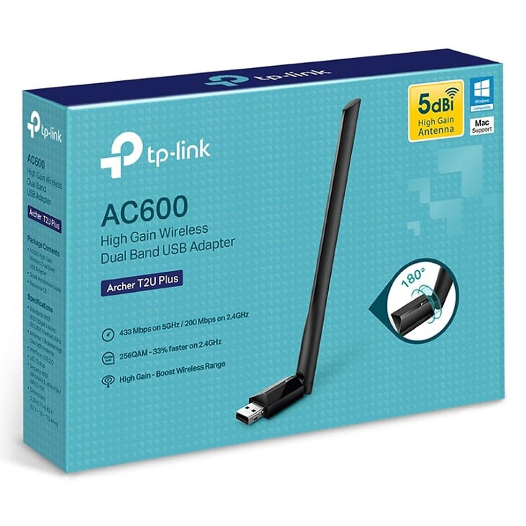 Usb wifi TP Link chuẩn AC600 Mbps USB adapter Archer T2U Plus băng tần kép thu wifi cho pc laptop-ZTech