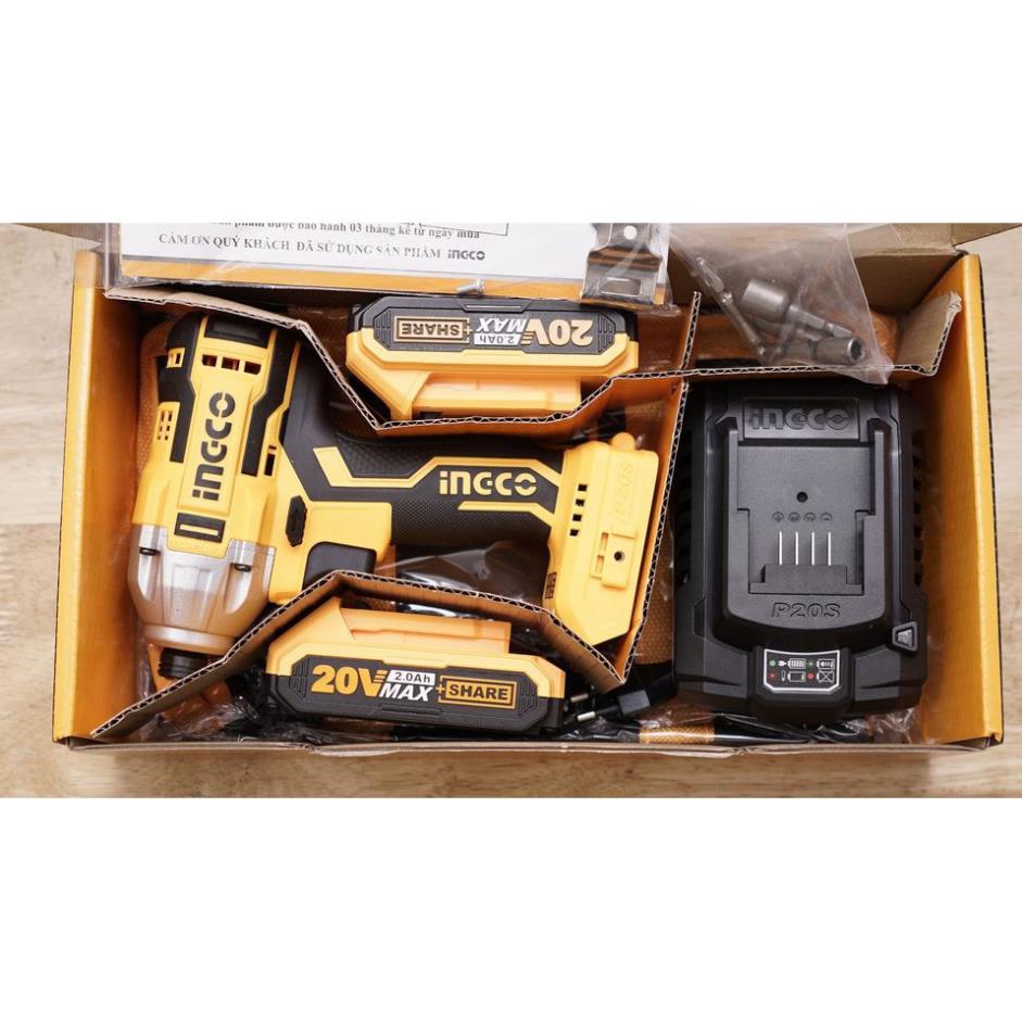 Máy vặn siết vít dùng pin sạc 20V INGCO CIRLI2002 ( Không Chổi Than) Lực Siết 200NM - Full bộ 2 pin 1 sạc