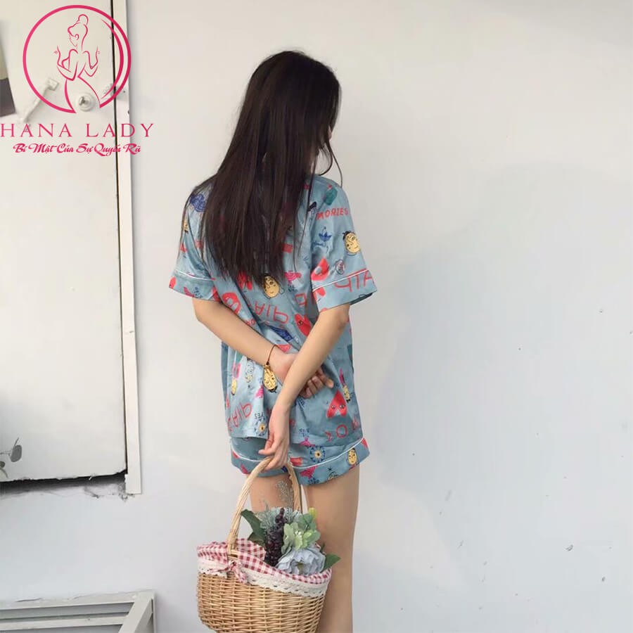 Pijama lụa tơ cao cấp họa tiết hoạt hình PJ358