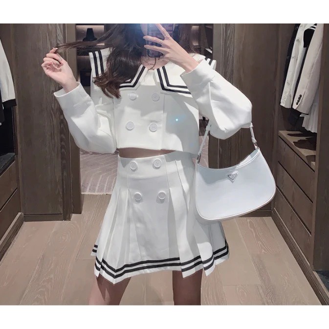 Set chan vay⚡Bán Lỗ⚡áo cổ viền kèm chân váy có viền màu trắng dài tay chấy liệu cotton[ v04] | BigBuy360 - bigbuy360.vn