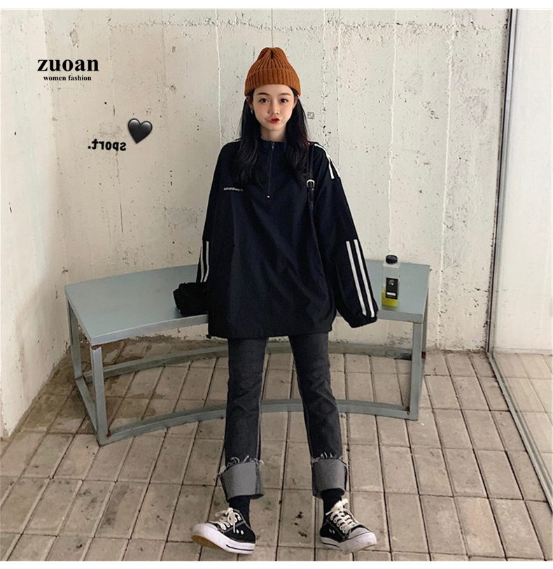 Áo Hoodie Tay Dài Kẻ Sọc Dáng Rộng Phong Cách Thời Trang Hàn Quốc