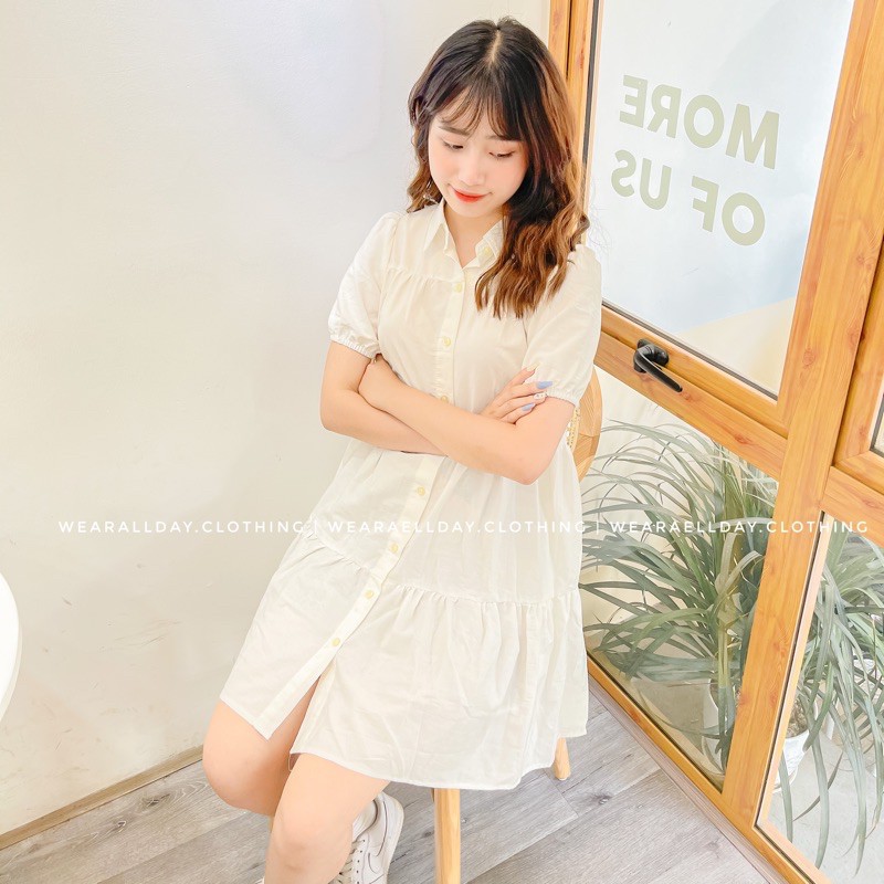 Váy Sơ Mi Babydoll Trắng Dáng Xoè, Mẫu đầm Sơ mi dáng xoè tầng 2 màu trắng nâu hàng thiết kế form đẹp | BigBuy360 - bigbuy360.vn