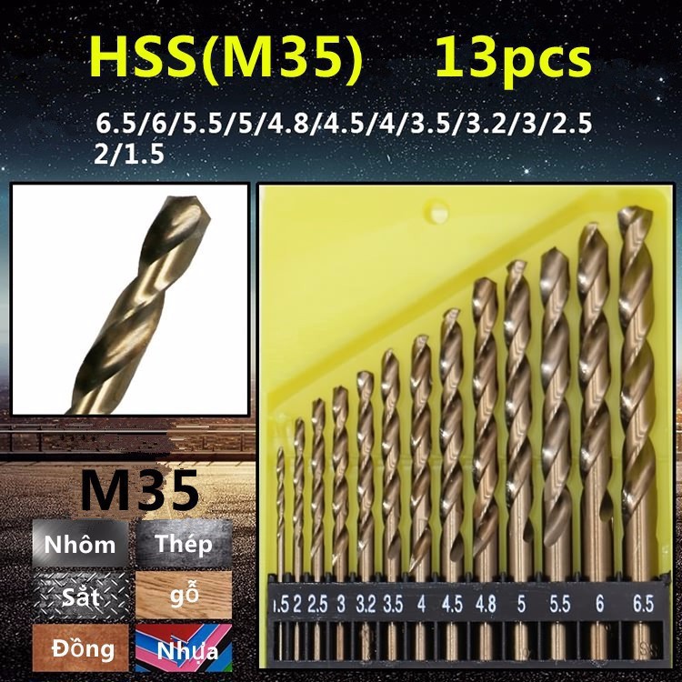 Bộ 13 Mũi Khoan Xoắn Tròn Mạ Titanium Cao Cấp 1.5-6.5mm