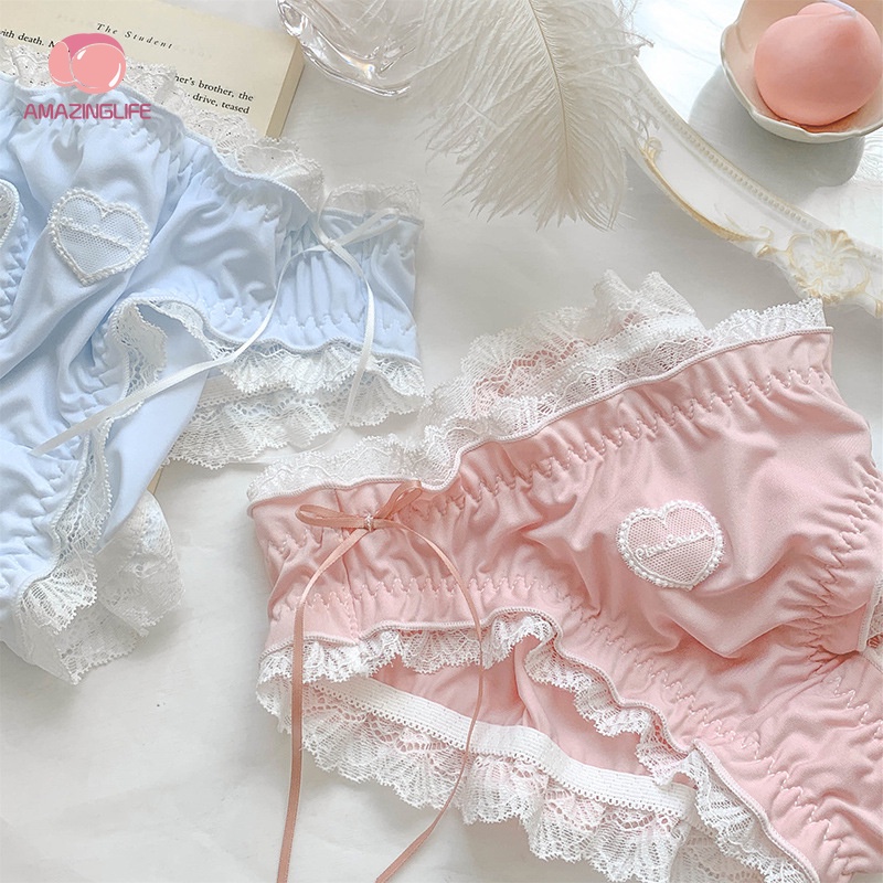 Quần Lót Tam Giác Thoáng Khí Không Đường May Thêu Hình Trái Tim Phong Cách Lolita Nhật Bản Dễ Thương Cho Nữ Sinh