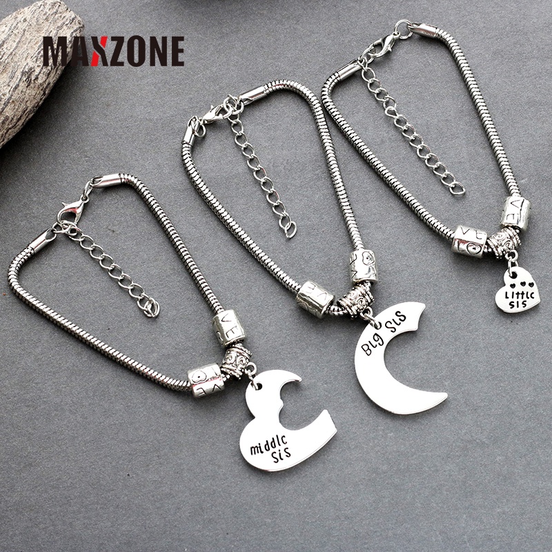 Maxzone Bộ 3 Vòng Tay Mặt Trăng Trái Tim Lớn Sis Little Sis Little Sis Cho Bạn Gái BFF Pulseras