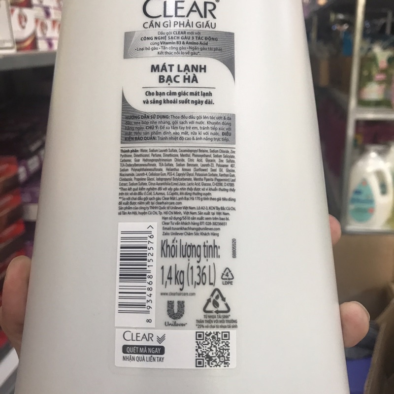 Dầu Gội Clear Bạc Hà Mát Lạnh 1.4kg