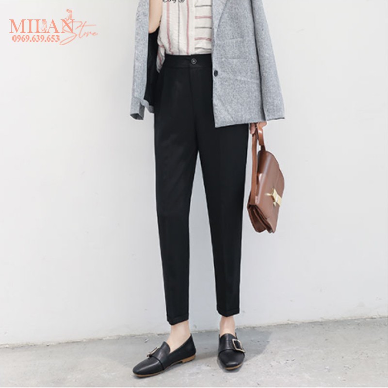 Quần tây ống đứng đi học làm công sở cho nữ cạp lưng cao - Dáng quần baggy vải Vitex màu đen dày dặn phối áo sơ mi đẹp