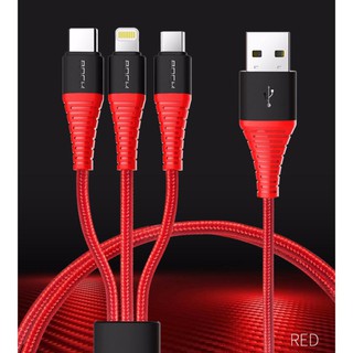 Cáp sạc dù lightning Rock Hi-Tensile cao cấp 2.1A..Cáp sạc Rock 3 in 1 đầu Type , Lightning , Micro USB Hi-Tensile
