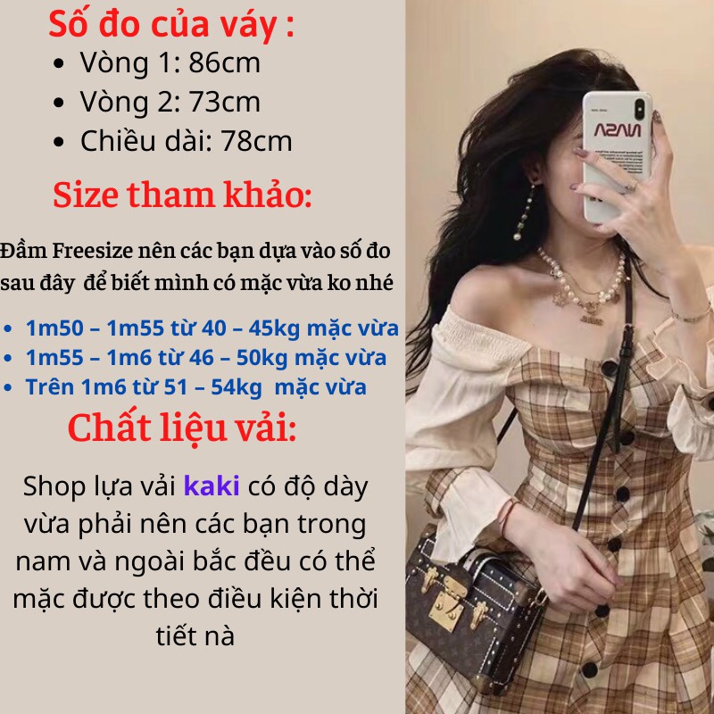 Đầm trễ vai dáng xoè tay dài, váy nữ dáng xòe GenY họa tiết caro phối tay bồng mặc được 2 kiểu xinh xắn | BigBuy360 - bigbuy360.vn