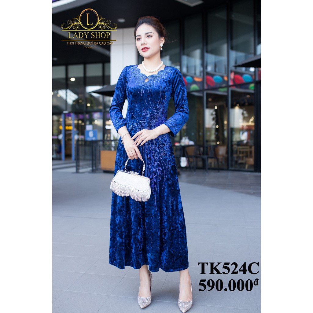 VÁY ĐẦM CAO CẤP - THỜI TRANG TRUNG NIÊN LADYSHOP - Đầm nhung chùm hoa eo kết đá TK524