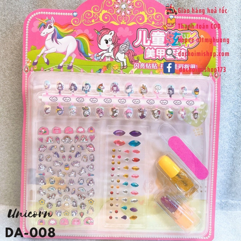 Bộ móng tay giả kèm sơn sticker dán móng cho bé dễ thương DA-008 Elsa Công chúa Elsa Ariel Sophia Peppa Pony Unicorn