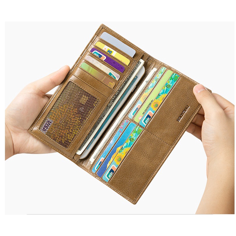 Ví Nam Da Bò Dài Cầm Tay Siêu Mỏng Gọn Bền Đẹp Nhiều Ngăn Tiện Lợi Công Nghệ RFID Blocking Chống Trộm Có Dây Kéo An Toàn