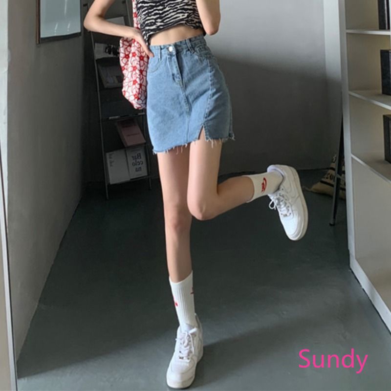 Chân váy jeans chữ A eo cao phối xẻ tà thời trang Hàn Quốc sành điệu trẻ trung