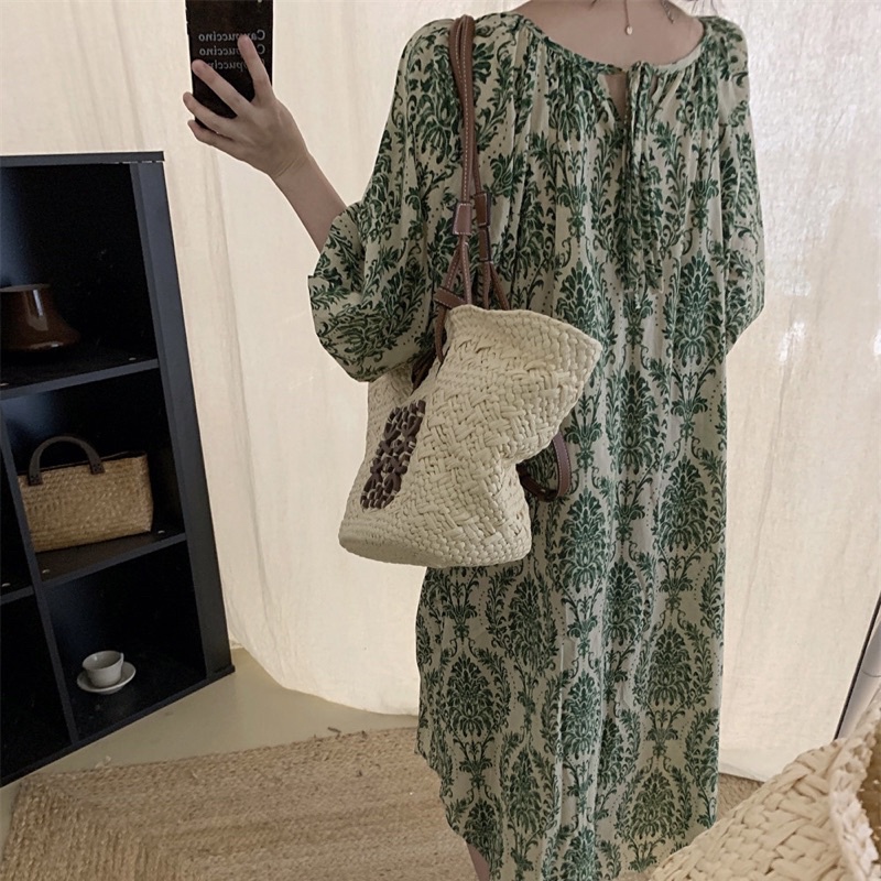 Đầm Suông Hoạ Tiết Tay Phồng Váy Suông Dáng Dài Thời Trang Thanh Lịch