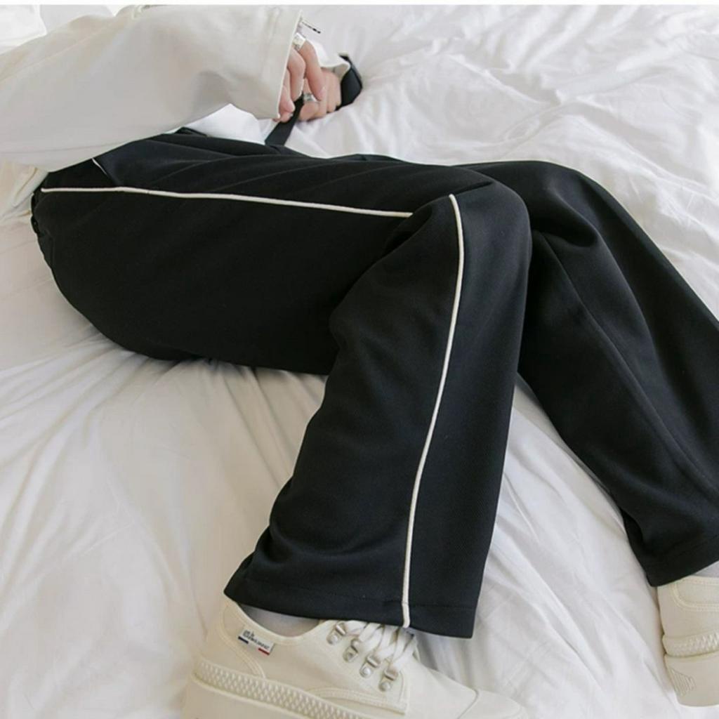 Quần ống rộng nữ nam Unisex cạp chun có dây rút điều chỉnh eo vải co dãn dày dặn