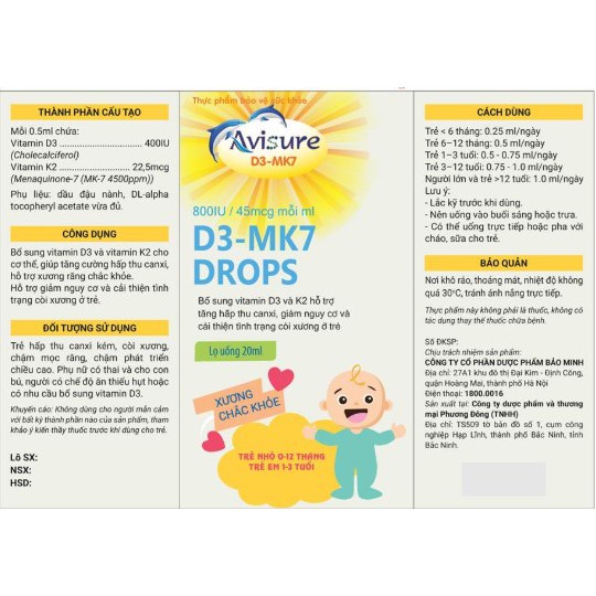 Avisure D3 - MK7 Drops nhỏ giọt cho trẻ sơ sinh - giúp bổ sung vitamin D2 K3- Làm tăng cường hấp thu canxi