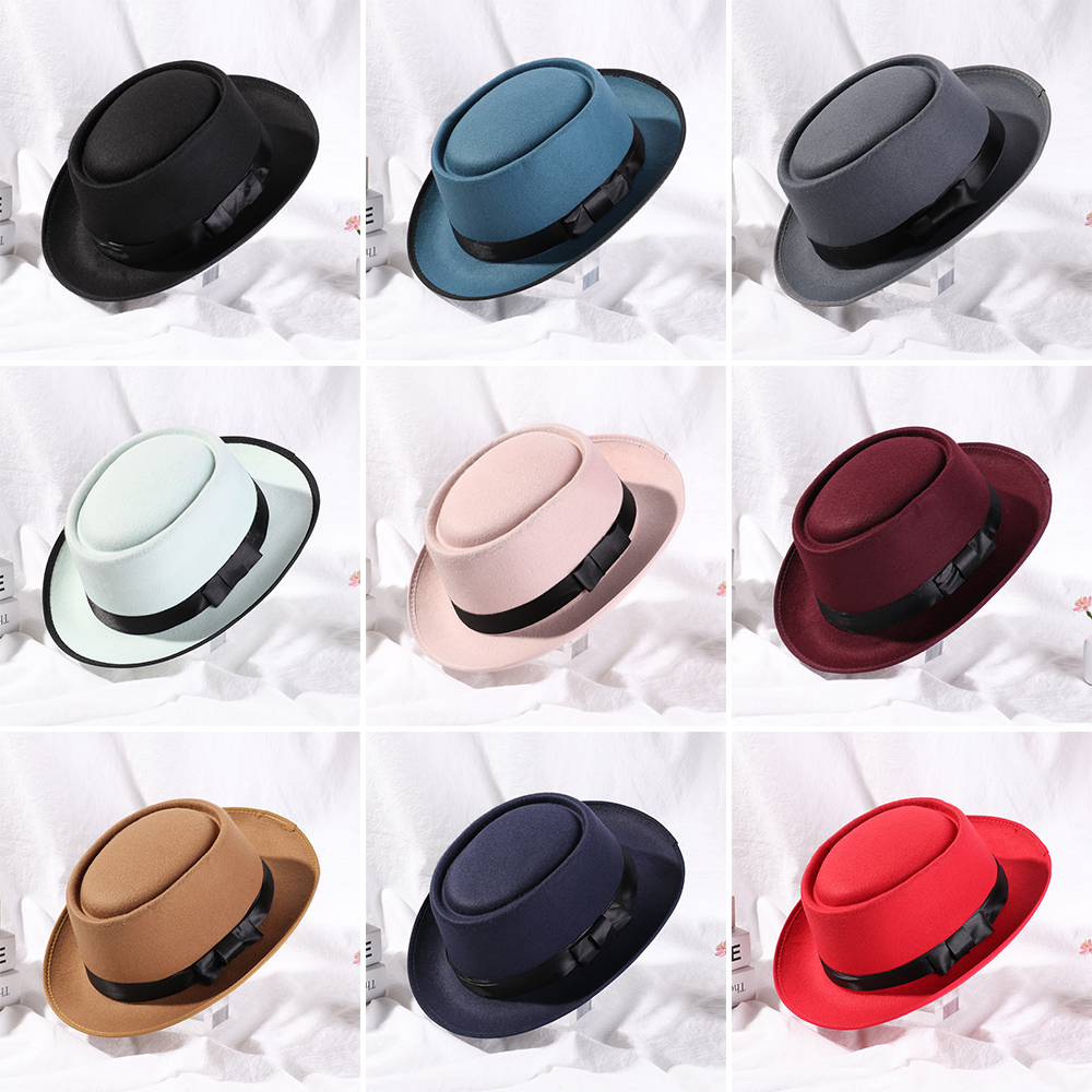 Mũ fedora vải len vành rộng phẳng kiểu cao bồi cổ điển nhiều màu thời trang thu đông cho nam nữ