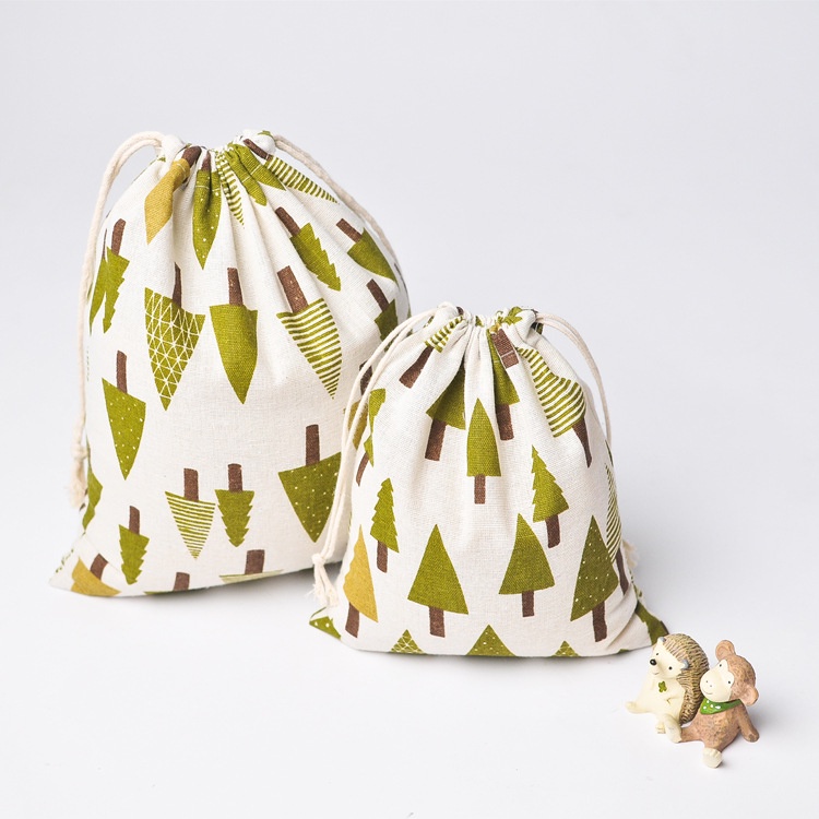 Túi dây rút vải lanh cotton in hình cây thông Noel