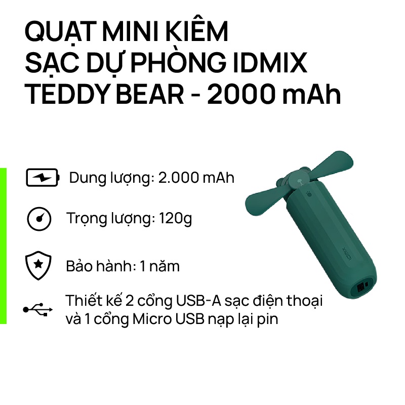 Pin sạc dự phòng IDMIX Teddy Bear thiết kế thời trang kết hợp quạt pin cầm tay, gọn nhẹ, bảo hành 12 tháng