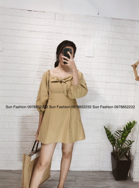 Đầm xinh tay dài cột nơ ngực babydoll dễ thương Sun Fahsion