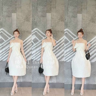 Đầm midi gấm hai dây nơ ngực xéo