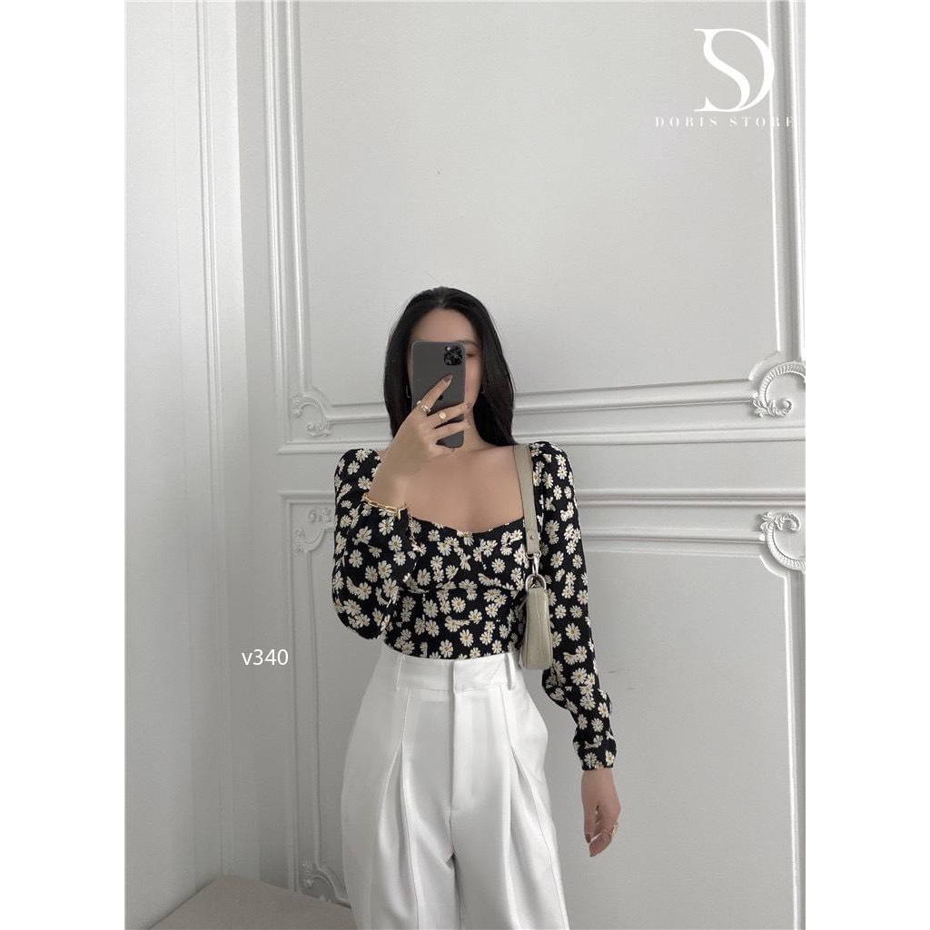 (SẮN) - Áo Croptop Hoa Cúc Dài Tay