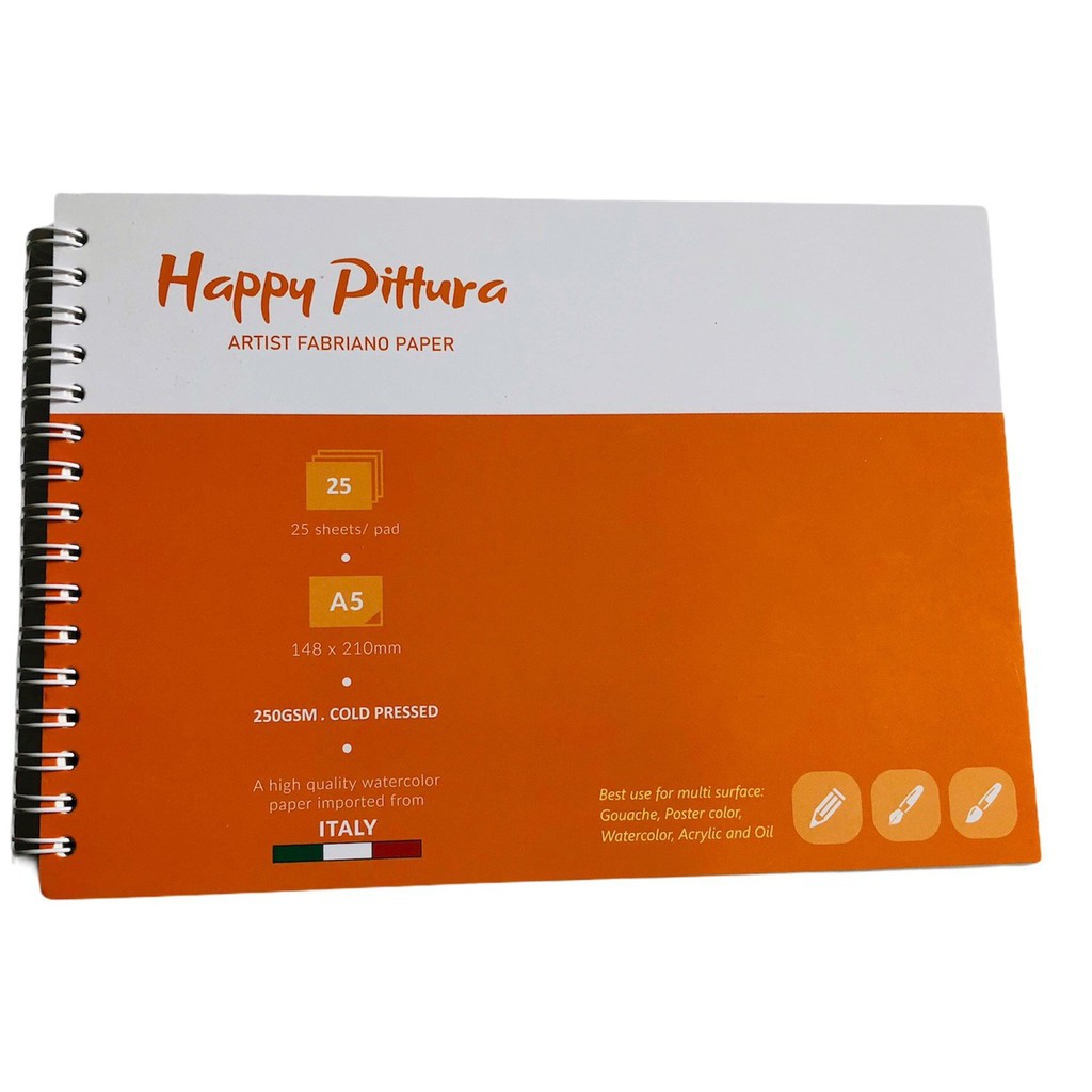 SỔ VẼ MÀU NƯỚC CAO CẤP HAPPY PITTURA 250 GSM 25 TỜ SIZE A5 / A4