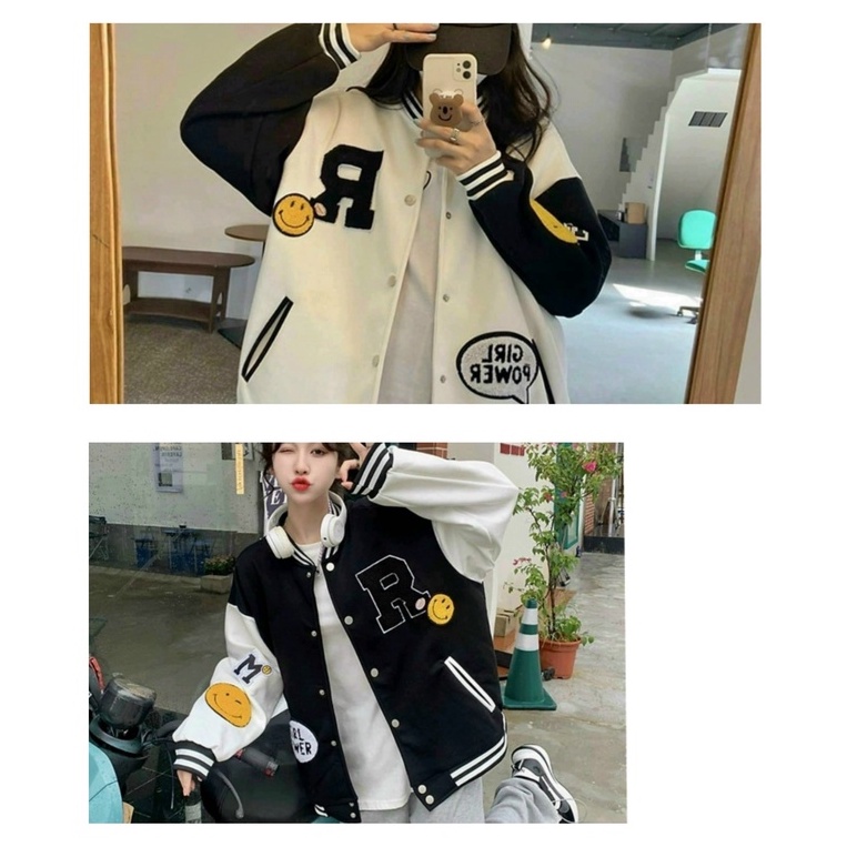 Áo khoác Bomber UNISEX Nam Nữ chất Nỉ logo in chữ R kèm sticker mặt cười cute TPLDbomber43