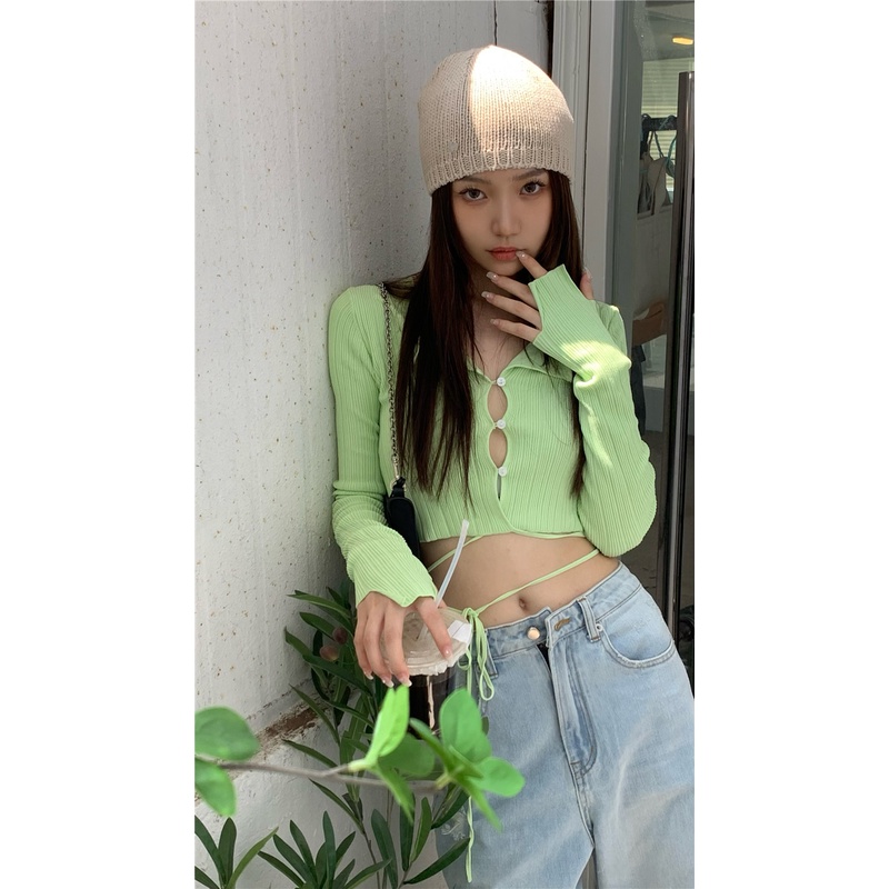 ZHELIHANGFEI Áo dệt kim cổ V tay dài cạp cao trễ vai gợi cảm mặc bên ngoài