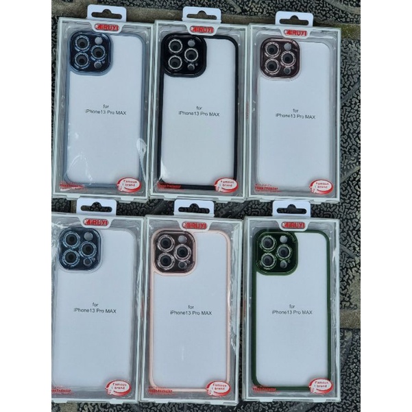(iPhone 13)_Ốp lưng kính trong viền màu bảo vệ camera gắn đá nhũ cho iPhone 13,13 pro,13 pro max chính hãng Miruyi