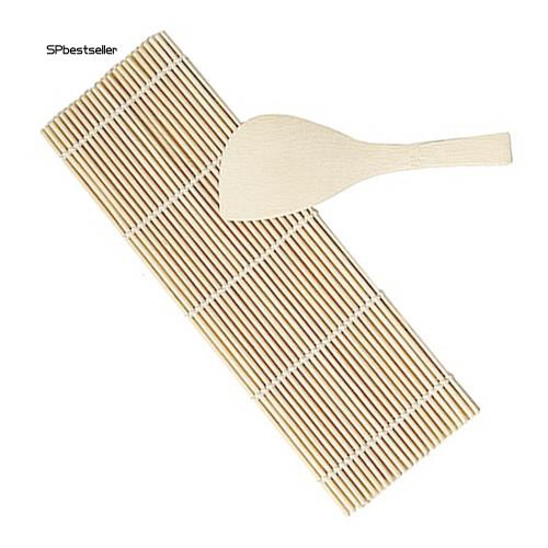 Thảm cuộn sushi tiện dụng bằng tre kèm muỗng xới cơm kích thước 24cm x 24cm