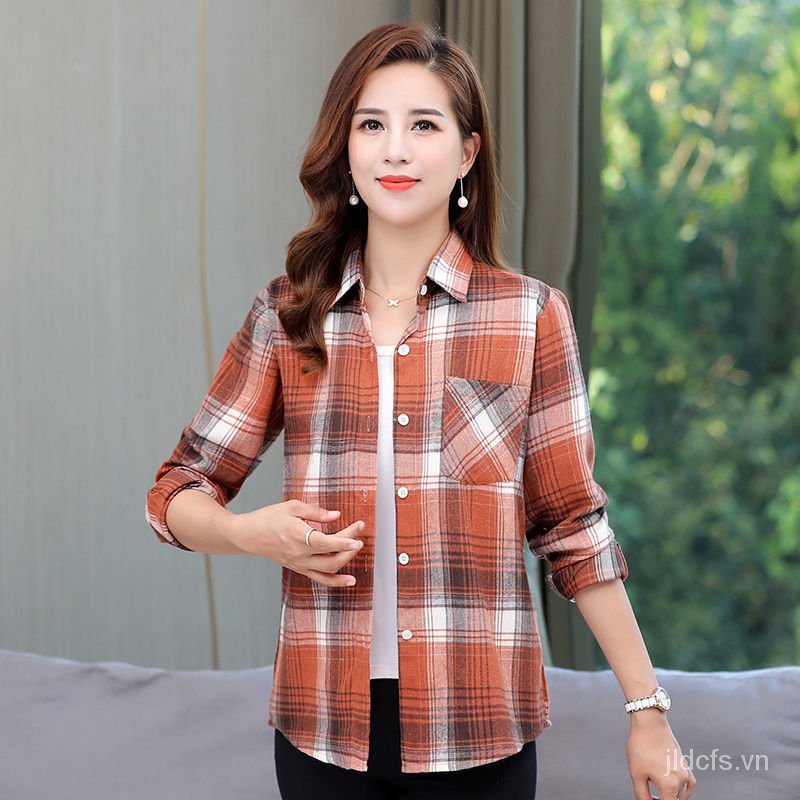 Áo sơ mi cotton tay dài kẻ sọc caro thời trang phong cách mùa thu dành cho phụ nữ trung niên