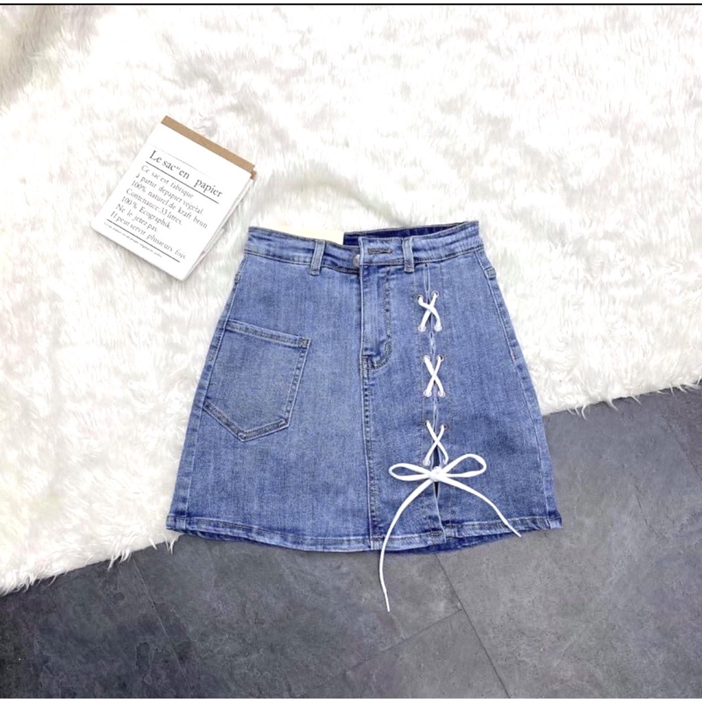 [ĐỦ 4 MÀU] Chân Váy Jean Aiori Cao Cấp Lưng Cao Chất Vải Co Giãn Có Quần Váy Buộc Chéo Dây Xinh Xắn