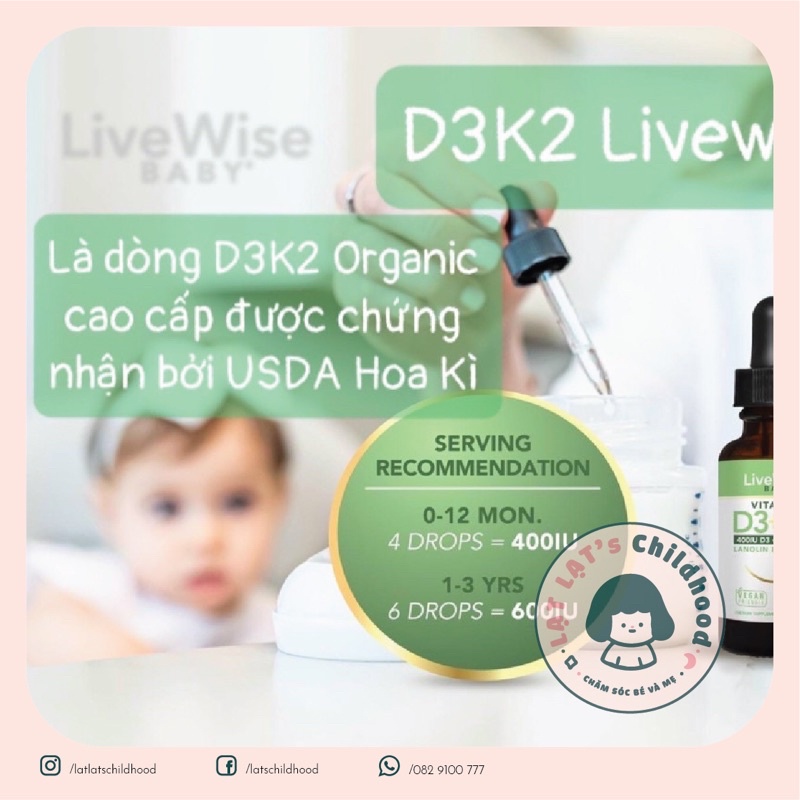 Vitamin D3 + K2 Thuần Chay LIVEWISE BABY - Mỹ
