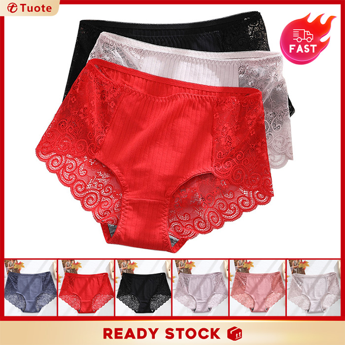 XL~3XL Tuote Ready Stock Women's Panties Graphene Mid-High Waist Underpants Cotton Sexy Lace Briefs Antibacterial Panties