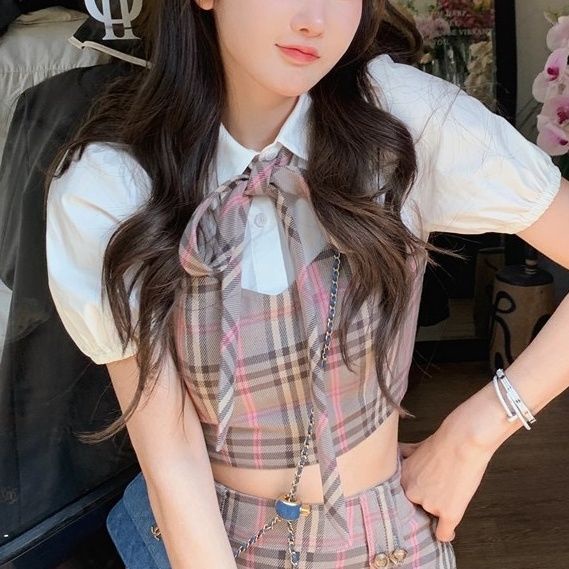 Bộ Áo Sơ Mi Giả Hai Mảnh + Chân Váy Đồng Phục Xếp Ly Sọc Caro Thời Trang Mùa Hè Cho Bạn Gái