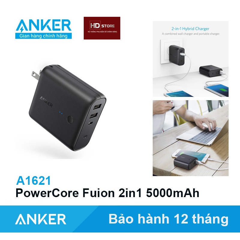 Sạc dự phòng Anker 5000mAh Fusion 2in1- A1621 Sạc nhanh 12W Sạc tường kiêm pin dự phòng