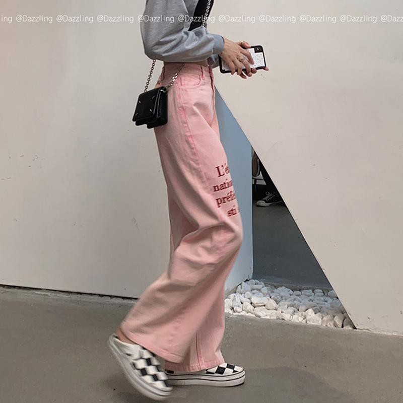 Quần Jeans Lưng Cao Ống Rộng Màu Hồng Plus Size Thời Trang Mùa Thu Cho Nữ