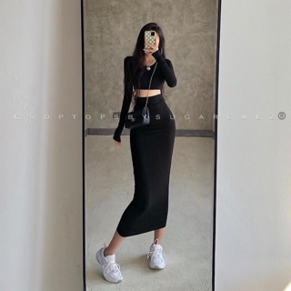 Set Áo croptop dài tay ôm chất thun cổ tròn kèm chân váy ôm dáng dài Suboi