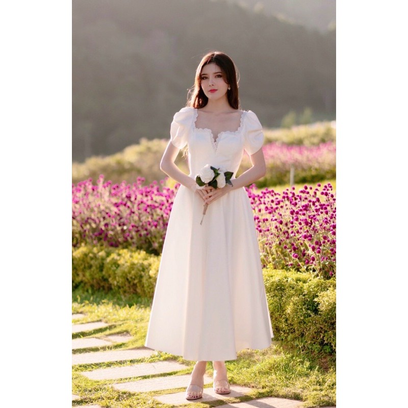 Đầm dạ hội lửng tay phồng váy xoè đi tiệc đám cưới cô dâu chụp hình cưới đi bàn nhẹ nhàng giá rẻ