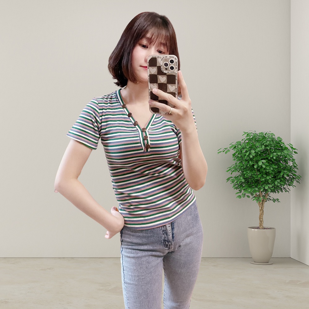 Áo phông nữ mùa hè Cham áo cộc tay cổ tim siêu co dãn kẻ ngang | BigBuy360 - bigbuy360.vn