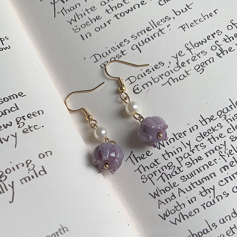 Khuyên Tai Hình Hoa Tím Đính Ngọc Trai Phong Cách Vintage Thanh Lịch