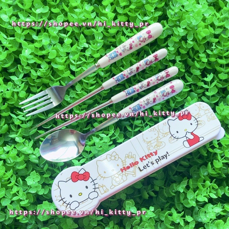 Bộ hộp đũa muỗng nĩa inox cán sứ Hello Kitty