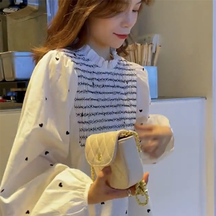 Áo sơ mi tay phồng in họa tiết trái tim phong cách retro mùa thu 2021 cho nữ