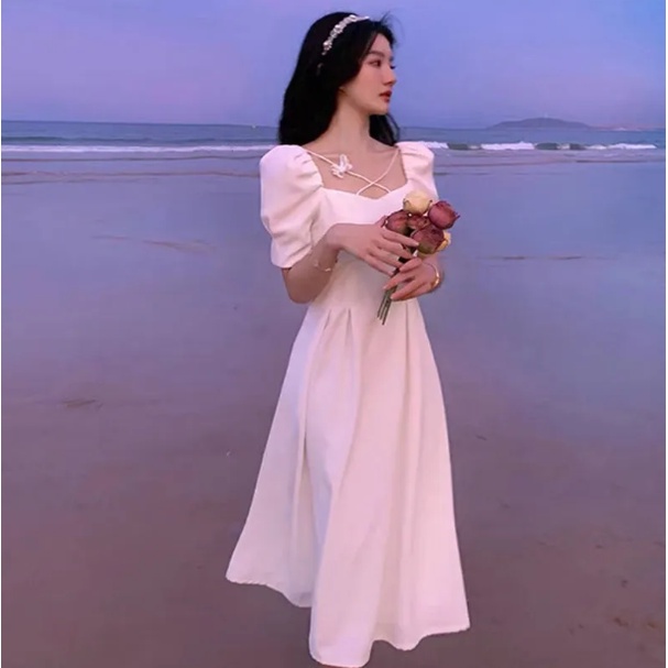 [MURIOKI] Đầm Dự Tiệc Dáng Dài Cổ Vuông Màu Trắng Phong Cách Pháp Thời Trang Sang Trọng Cho Nữ đầm đi chơi nước ngoài