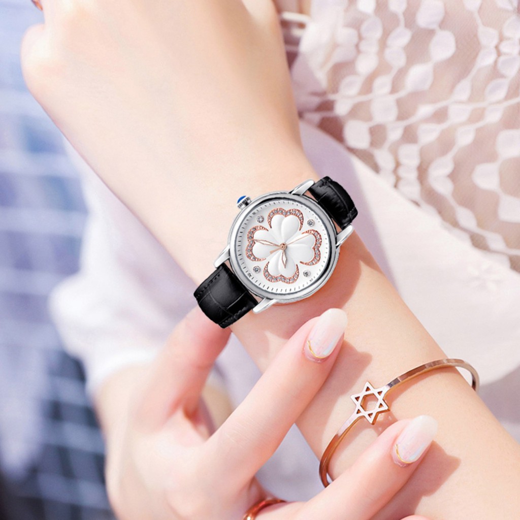 Đồng Hồ Nữ Skmei 9159 Chính Hãng Mặt Cỏ 4 Lá May Mắn Dây Da Cao Cấp