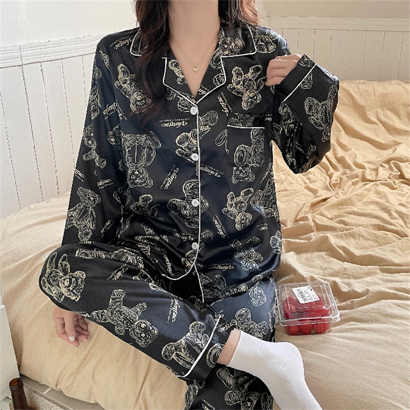 Bộ Đồ Ngủ Chất Lụa Satin In Họa Tiết Trái Tim Thời Trang Cho Nữ